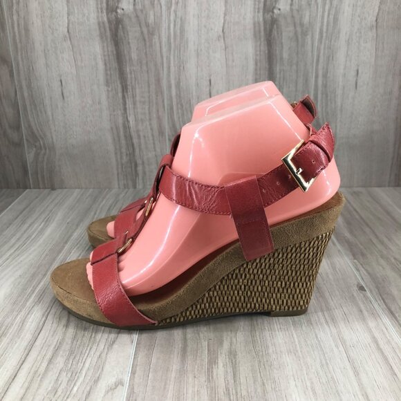 Aerosoles A2 Wedge Sandals 8M Plush Nite Dull Matte Red Buckle Strap Shoes - Picture 2 of 11